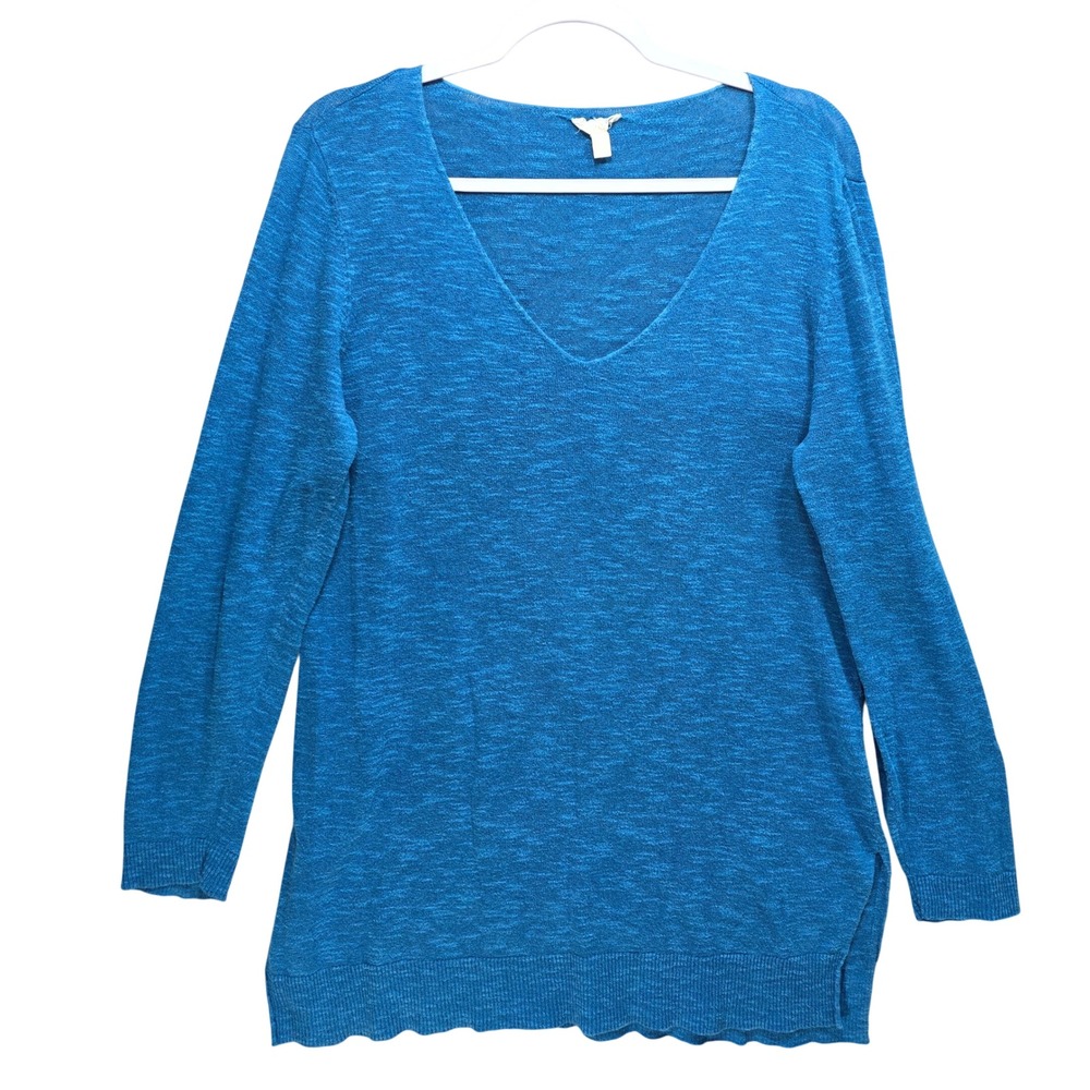 Eileen Fisher Womens Blue Marl Knit V-Neck Long Sleeve Pullover Sweater Size‎ M